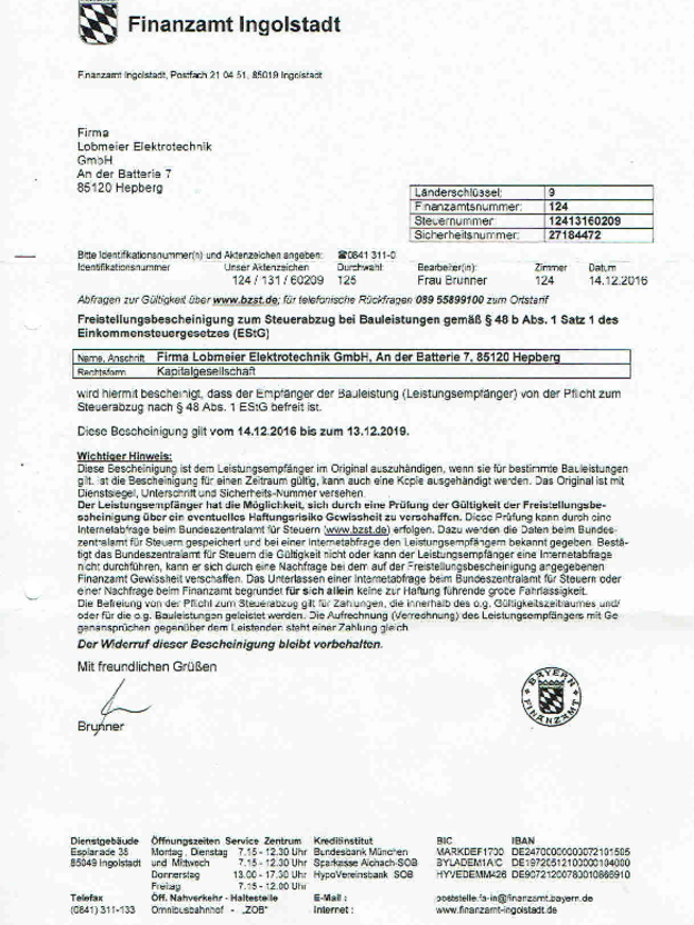 Freistellungsbescheinigung bei Lobmeier Elektrotechnik GmbH in Hepberg