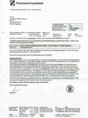 Freistellungsbescheinigung bei Lobmeier Elektrotechnik GmbH in Hepberg